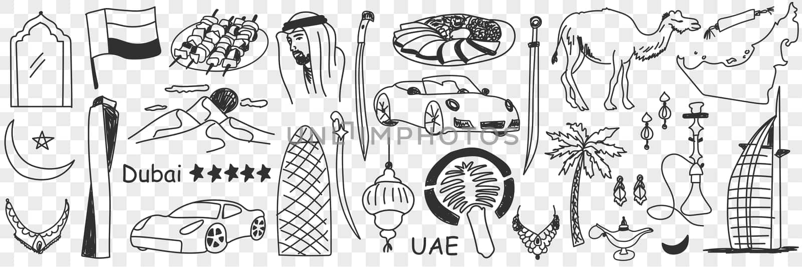 Arabic emirates symbols doodle set. Collection of hand drawn various united arabic emirates tourism signs traditional culture and trips in rows isolated on transparent background
