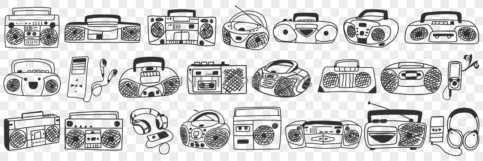Old tape recorder doodle set. Collection of hand drawn various retro styled tape recorder for listening to music in rows isolated on transparent background