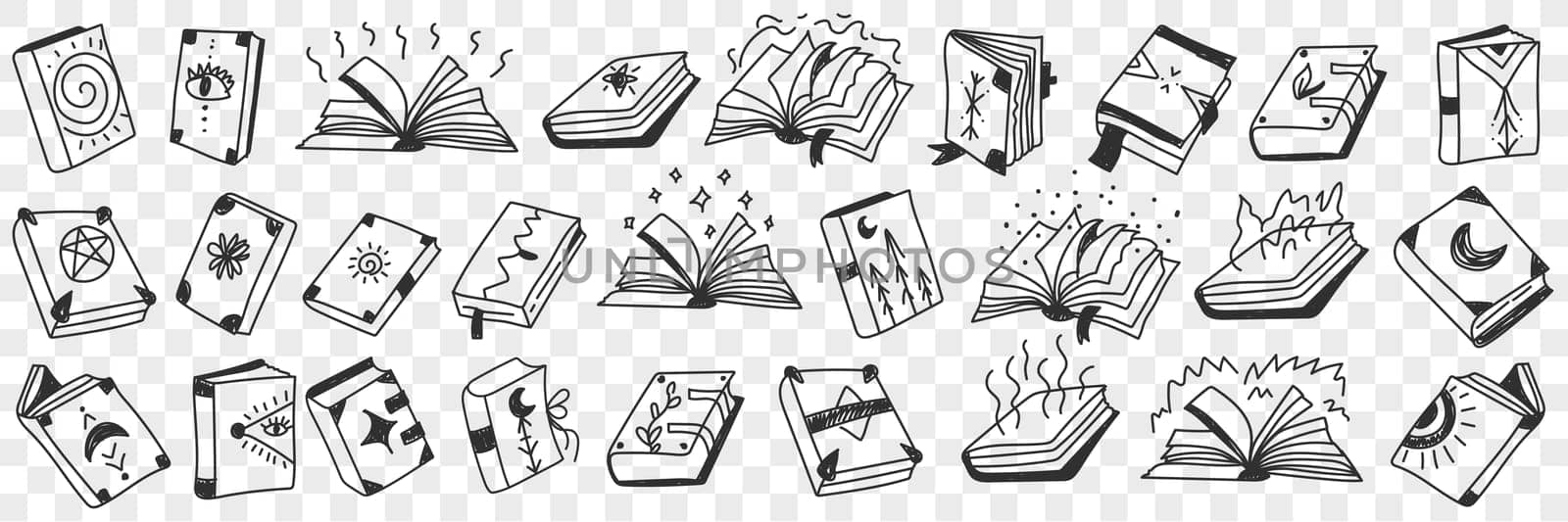 Occult spiritual books doodle set. Collection of hand drawn various books with sigs and symbols of occultism and spirituality on covers in rows isolated on transparent background