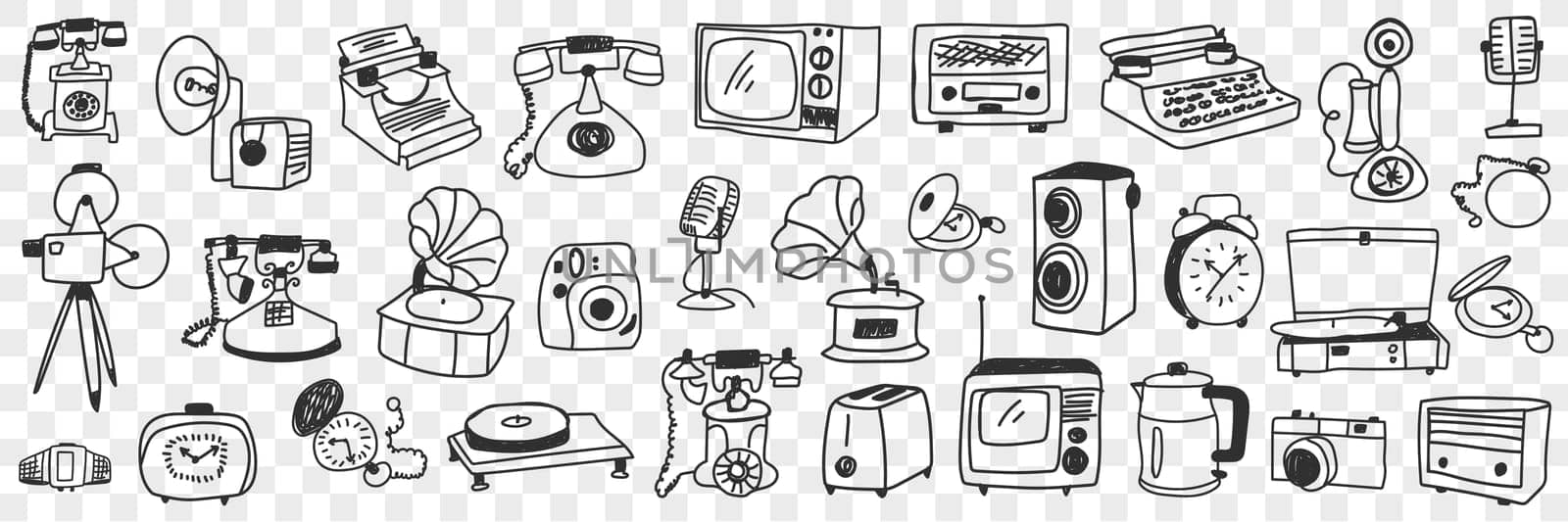 Retro and modern technical appliances doodle set. Collection of hand drawn various telephone teapot kettle television toaster electronic devices in rows isolated on transparent background