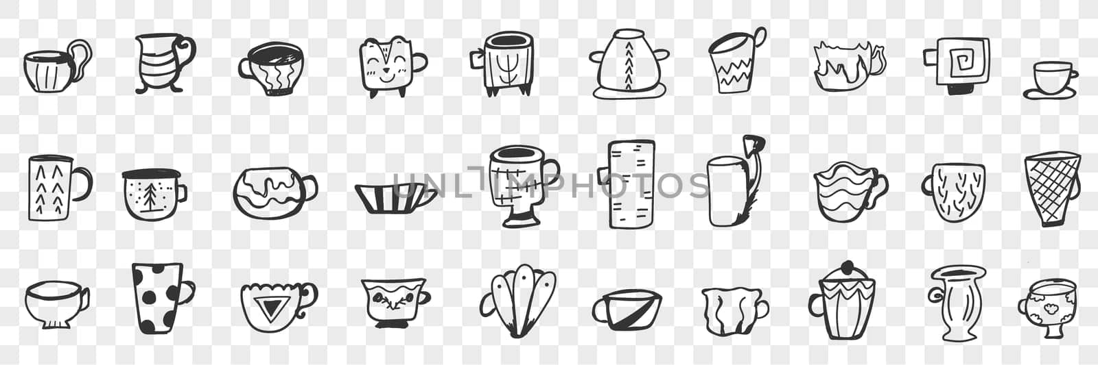 Tea cups and mugs doodle set. Collection of hand drawn various stylish mugs and cups for tea coffee hot drinks for breakfast isolated on transparent background. Illustration of hot drinks glassware