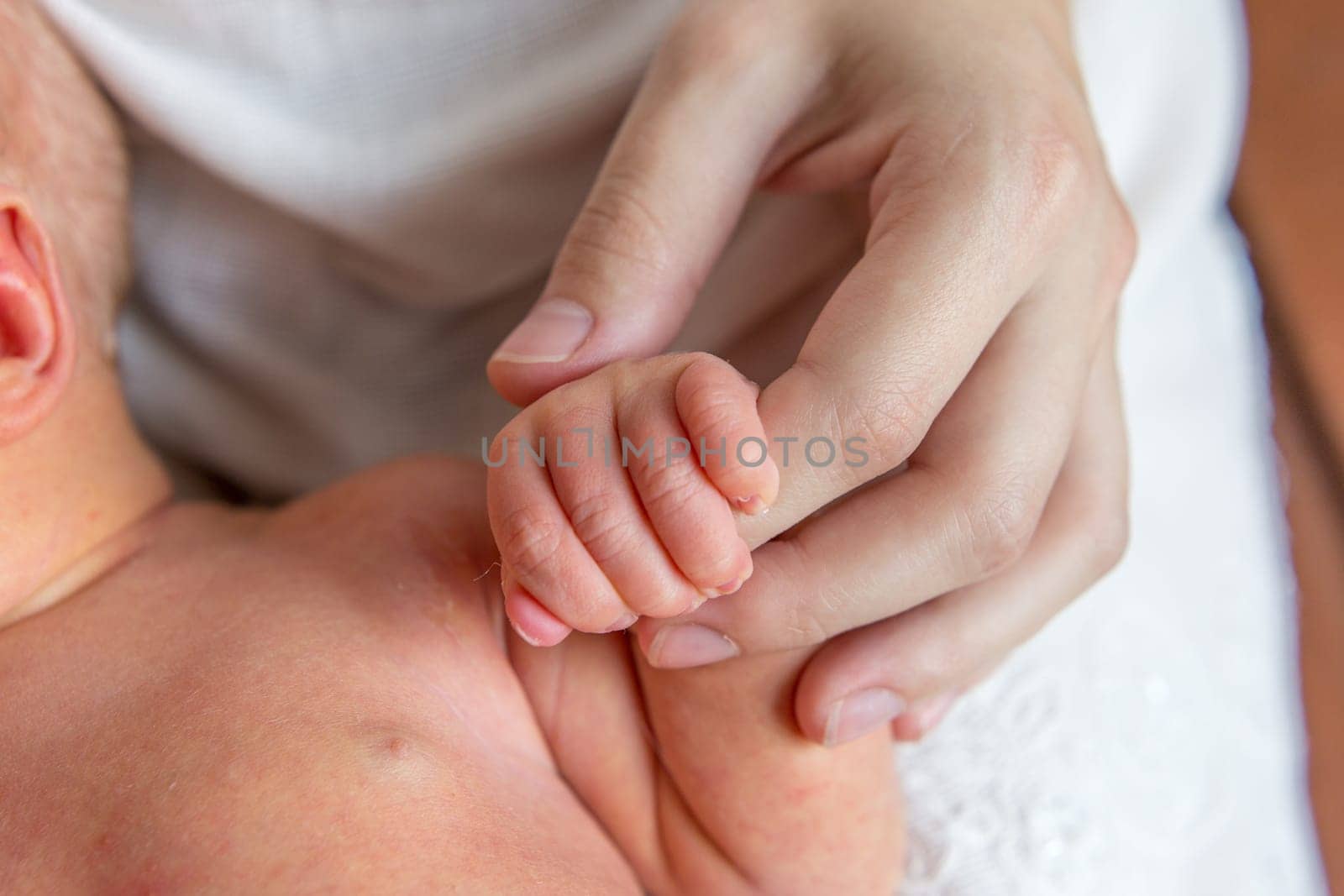 the child's handle on the mother's finger. the little hand of a