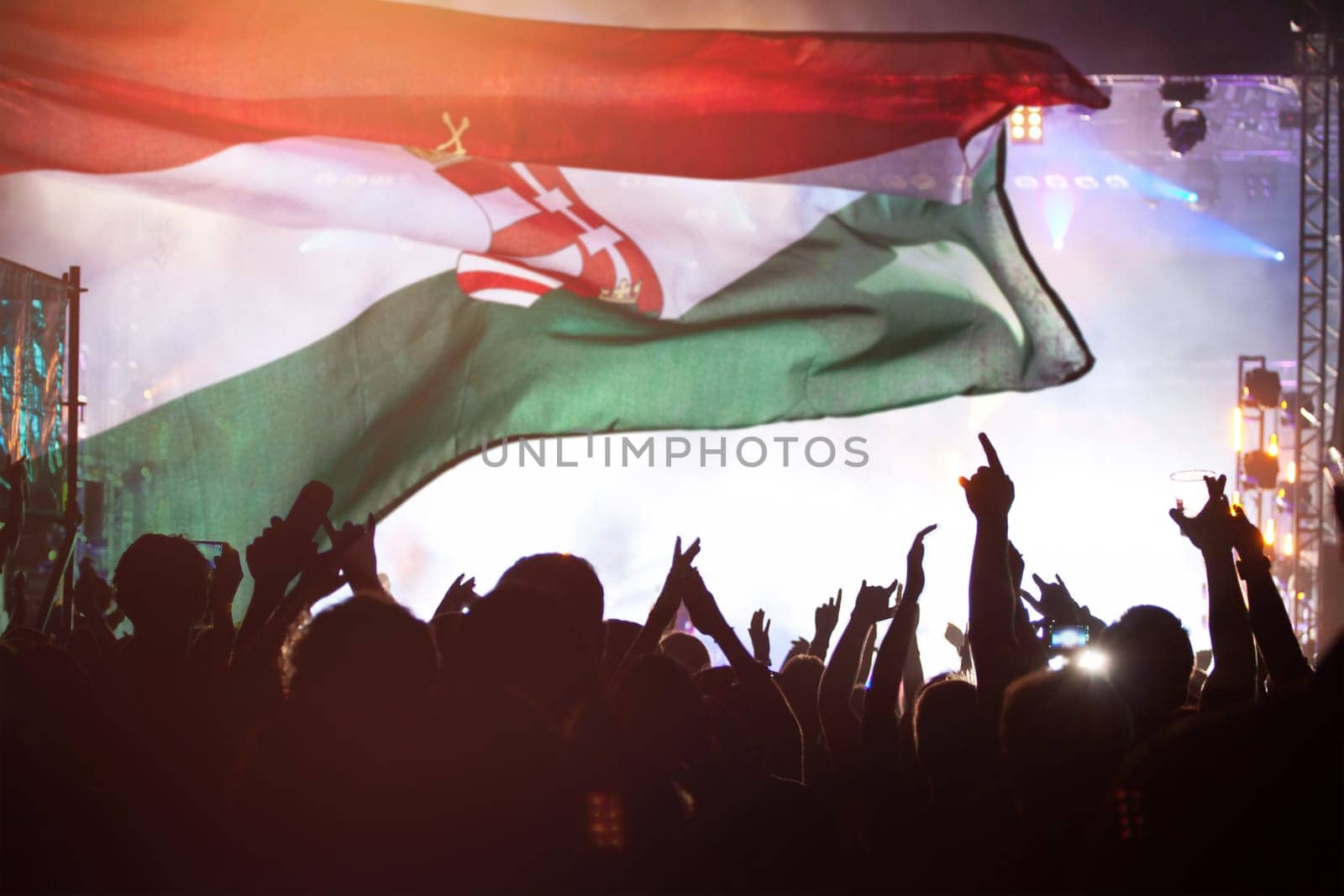 Soccer fans supporting Hungary - crowd celebrating in stadium with raised hands against Hungary flag
