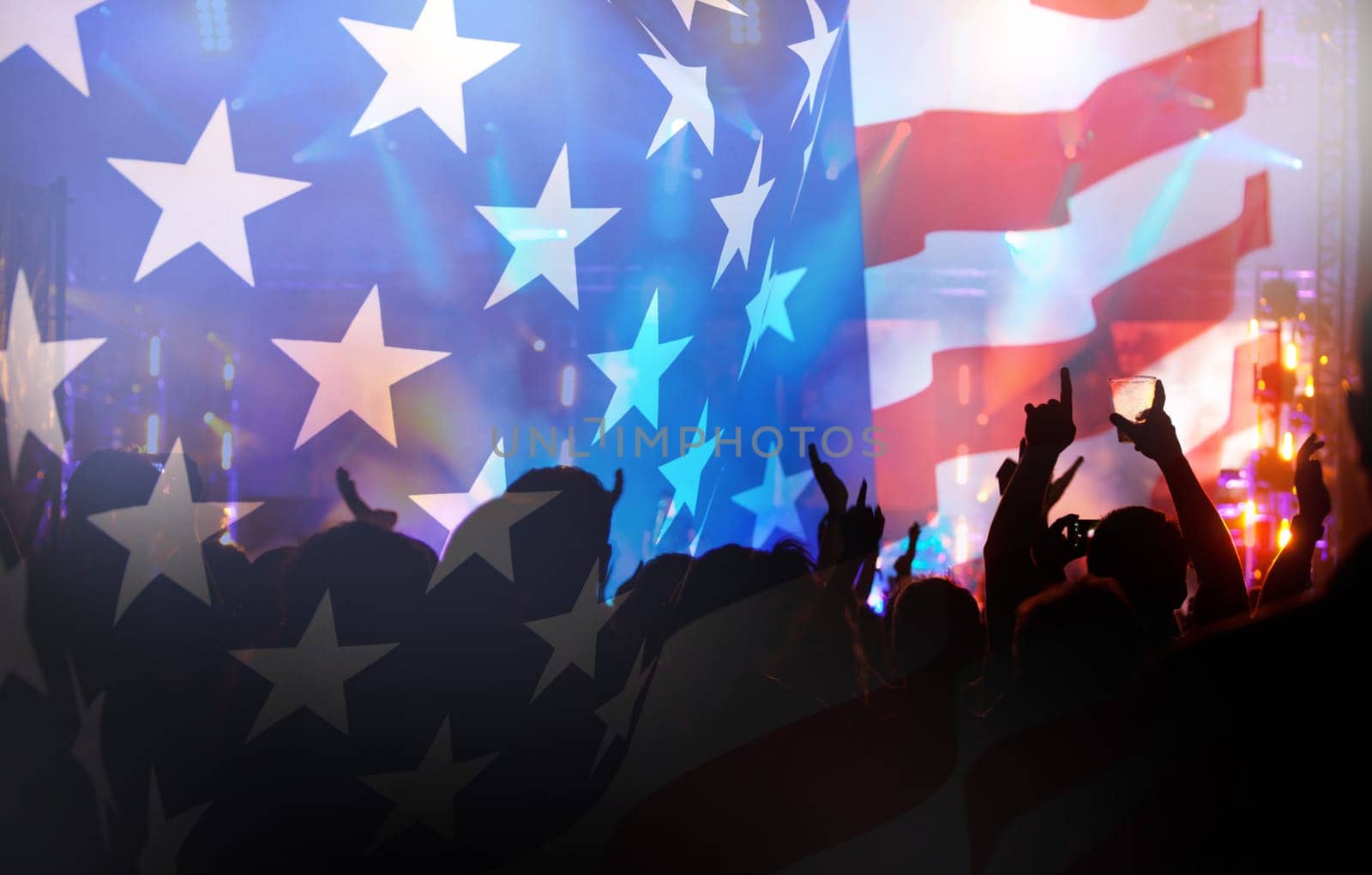 Crowd of people celebrating Independence Day. United States of America USA flag with fireworks background for 4th of July.