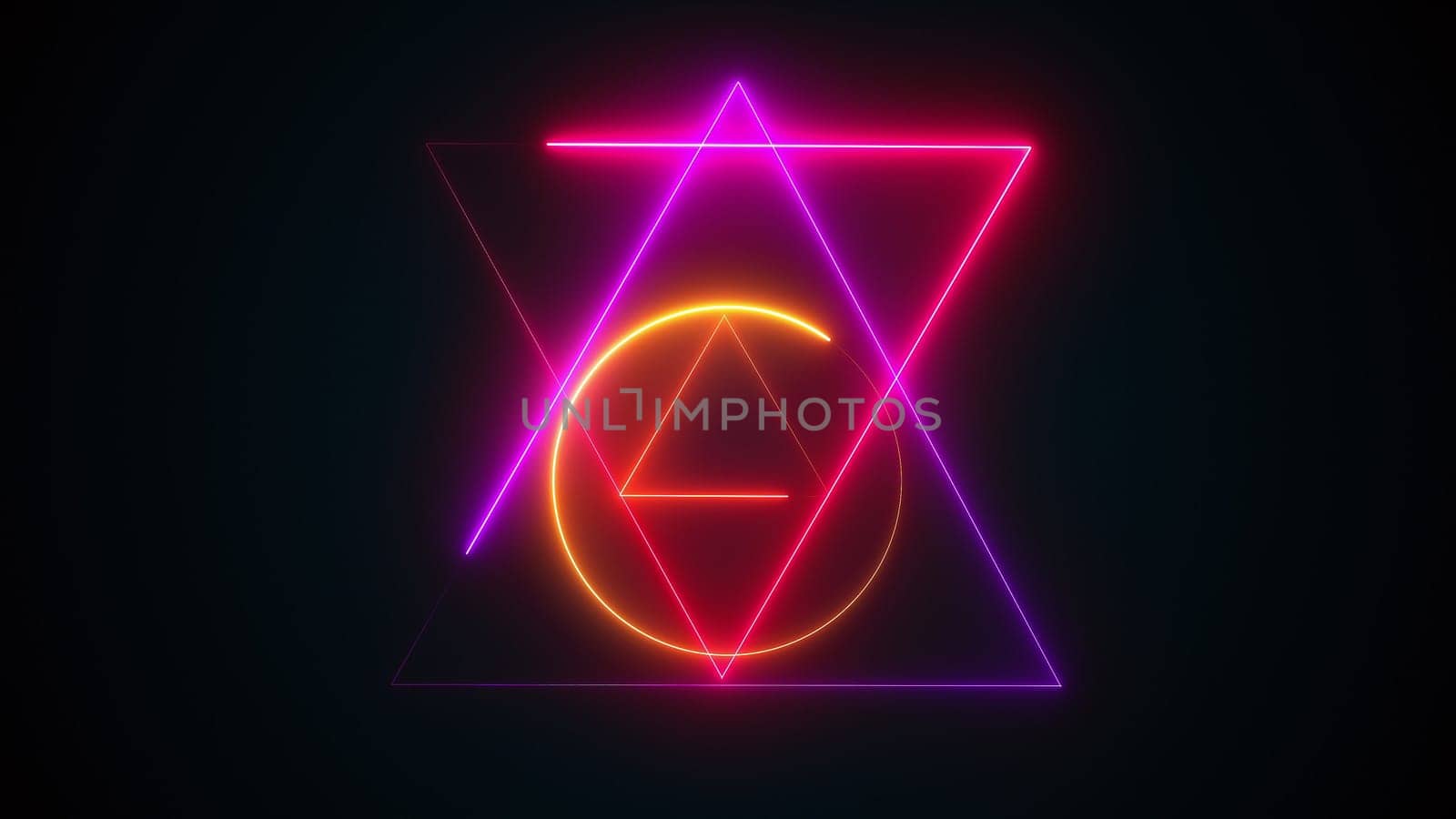 Esoteric 3d render triangle with glowing lines and star david. Occult bright geometric pentacle that ignites in mystical witchcraft fire. Polygonal alchemical talisman with pagan symbols.