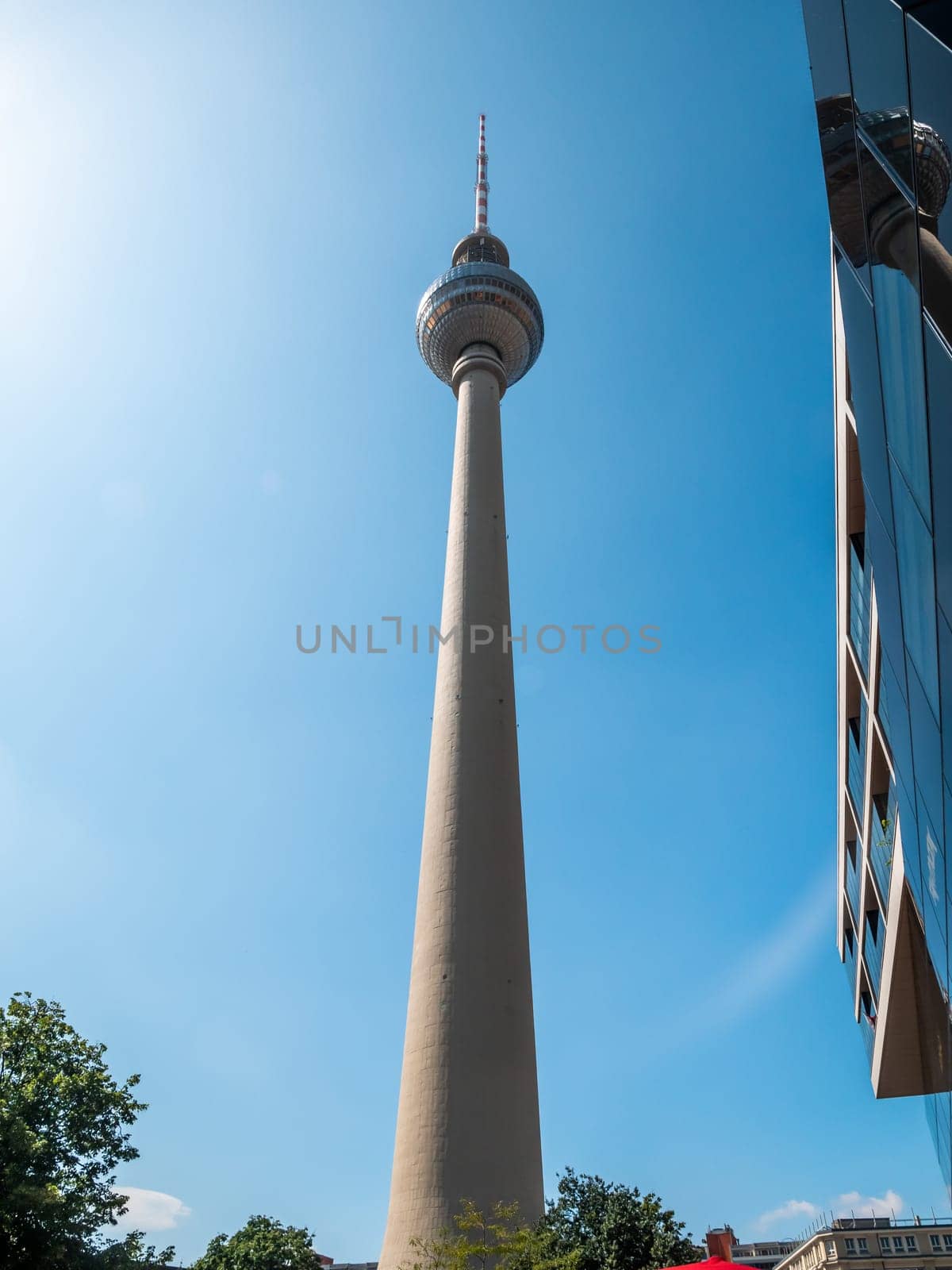 Berlin Television Tower from low angle during summer, germany