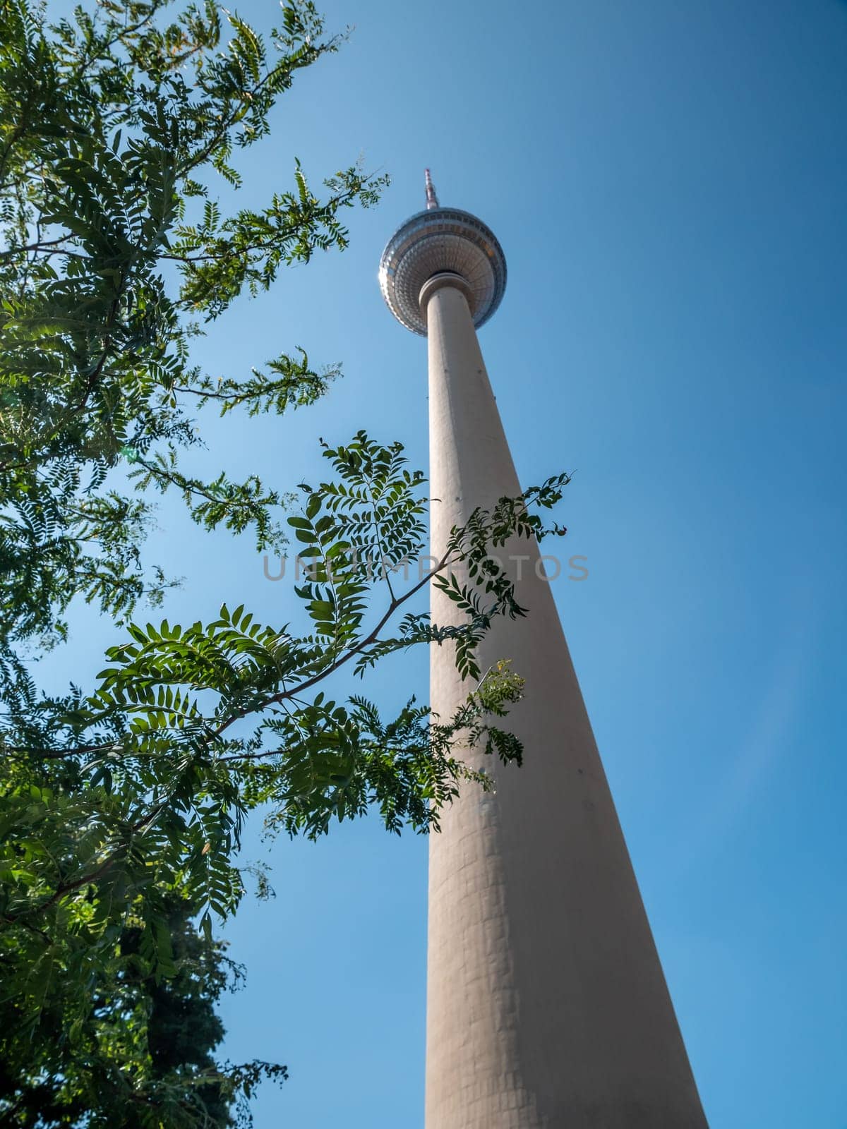 Berlin Television Tower from low angle during summer, germany