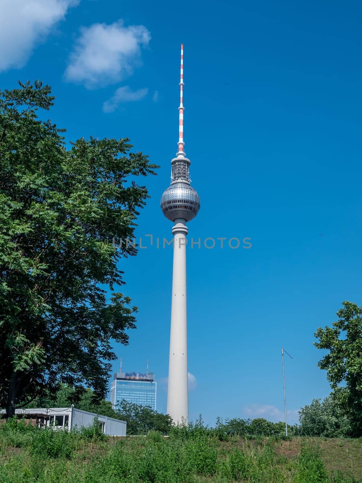 Berlin Television Tower from low angle during summer, germany