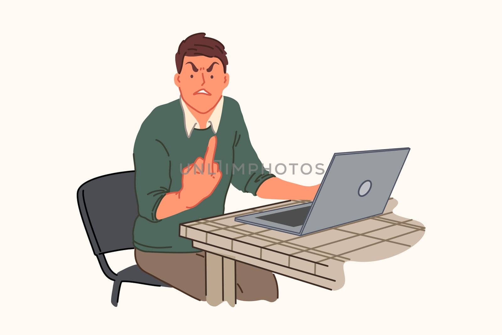 Computer malfunction, work problem, irritability, anger concept. Young man showing obscene gesture at laptop, emotional burnout, fury and rudeness, bad manners signs. Simple flat vector