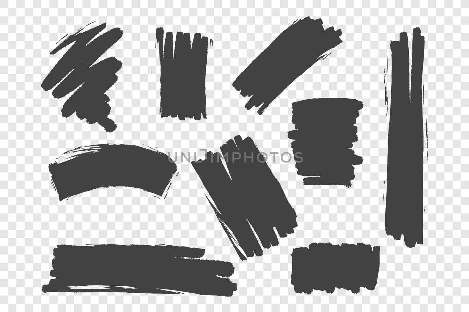 Chaotic brush strokes vector illustrations set. Monochrome black paint drawings, random ink blobs pack. Grunge freehand stains isolated on transparent background. Abstract smudges design elements