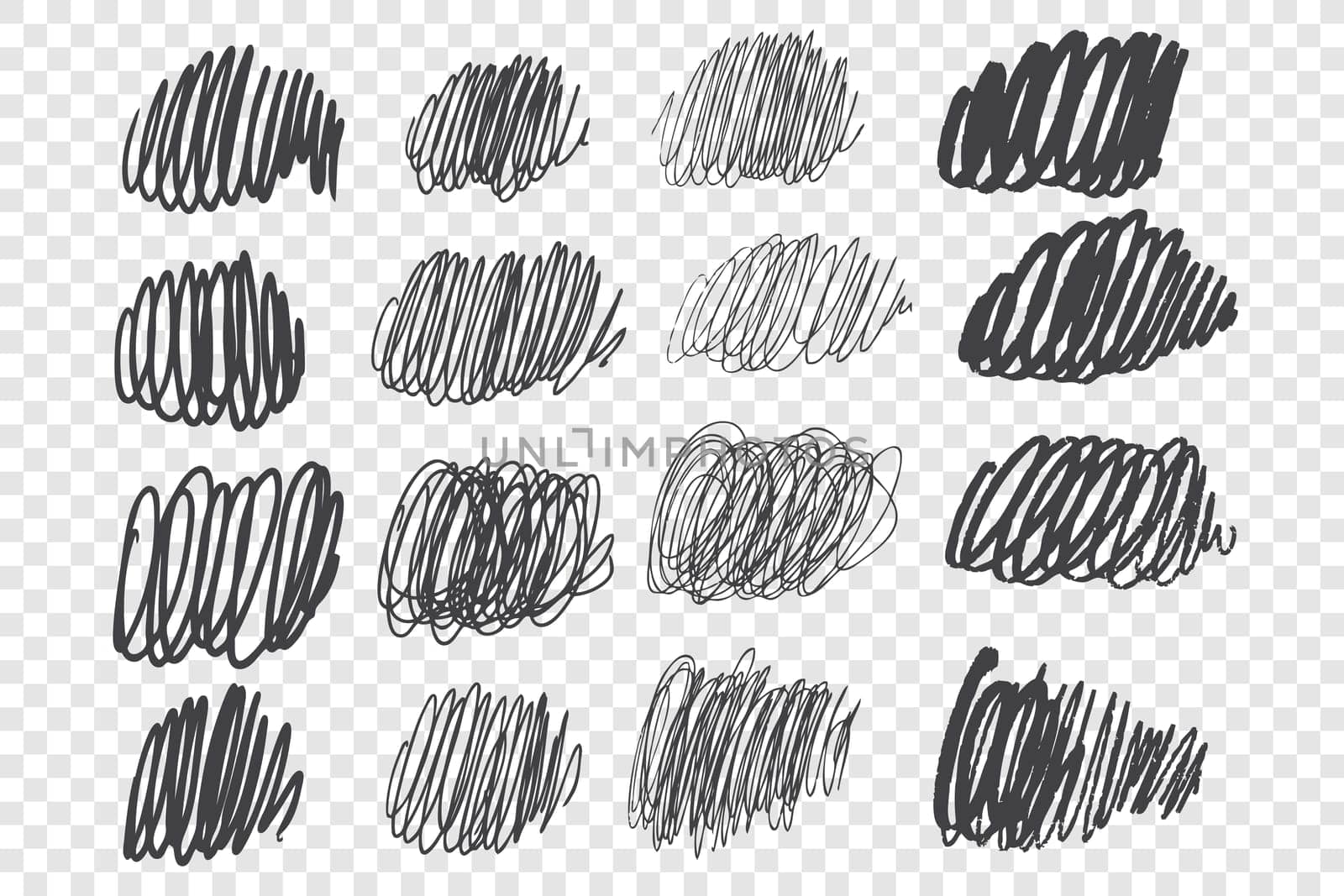Scribbles and scrawls hand drawn doodle set. Chaotic scratches freehand childish drawing pack . Monochrome black ink line art isolated on transparent background. Pencil strokes collection
