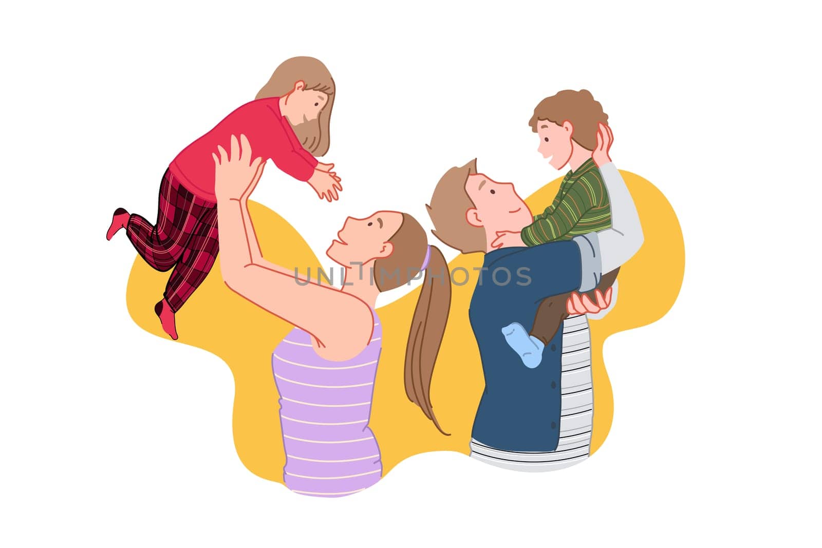 Happy family, joyful meeting, kids time concept. Smiling people, glad parents and children in pajamas, home entertainment, mom and dad playing with babies, child care. Simple flat vector
