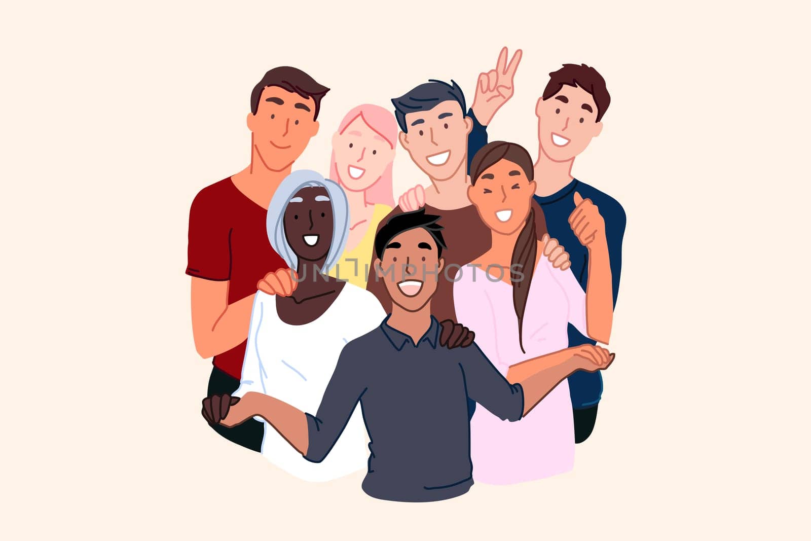 Friendship of nationalities, cosmopolite society, international community concept. Smiling young people, male and female different nations representatives, multinational unity. Simple flat vector