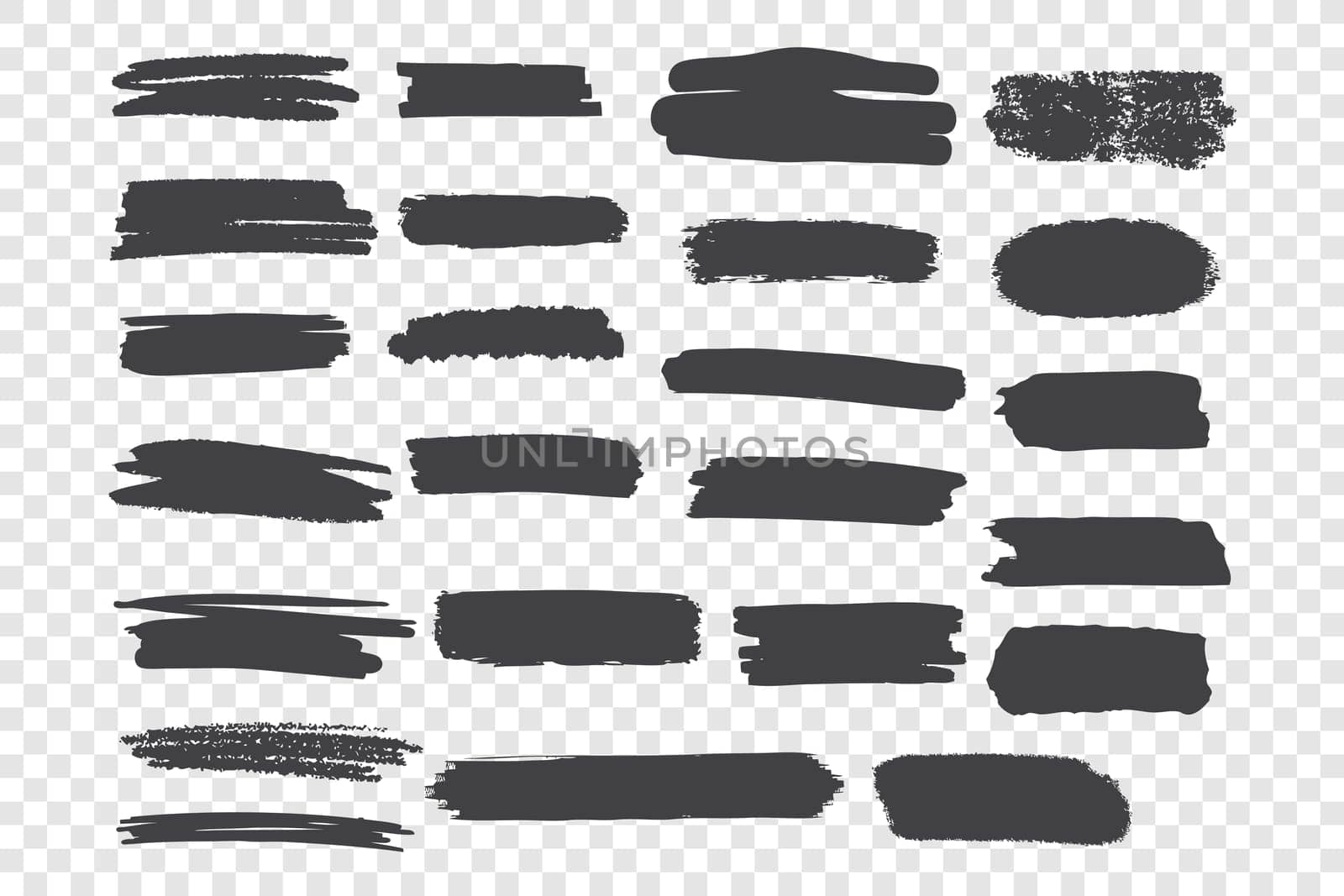 Brushstroke smudges vector illustrations set. Black paint drawings, horizontal blobs pack. Grunge ink freehand smears isolated on transparent background. Monochrome stains design elements