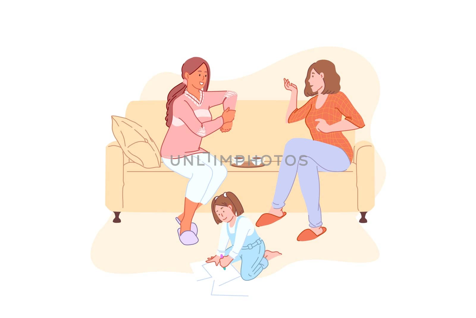 Home leisure, family weekend, communication, tea time, lunchtime concept. Adult women with teacups on sofa, child playing on floor, friendly conversation, babysitting. Simple flat vector