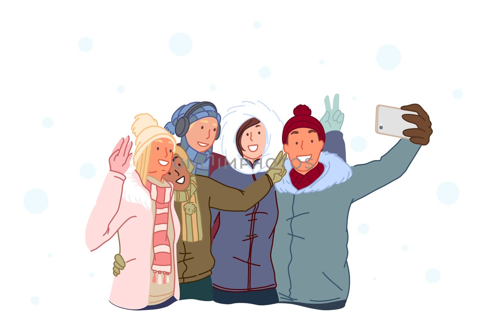 Friendship, hugs, weekend in winter concept. Happy friends take selfies and laugh. Guys and girls are photographed on a mobile phone outdoors in winter. Simple flat vector