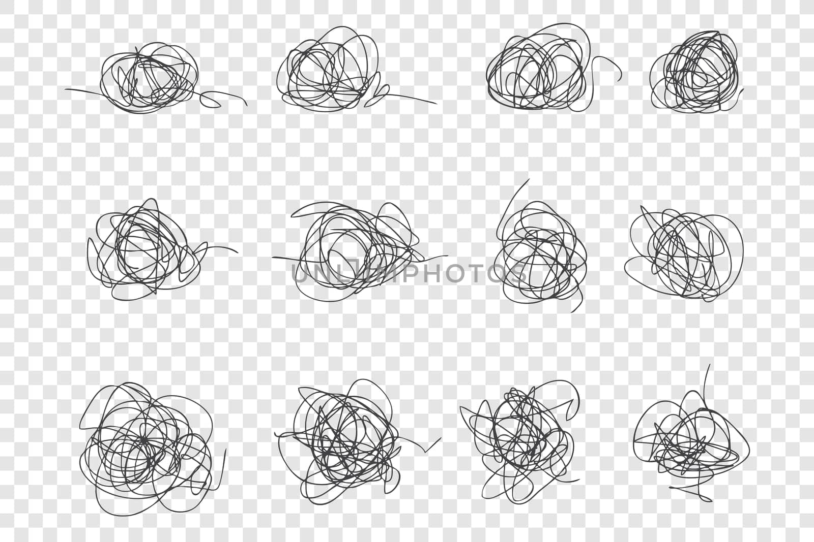 Messy hand drawn scrawls vector illustrations set. Chaotic ink pen strokes, cluttered knots pack. Tangled thin lines isolated on transparent background. Undigested freehand scribbles collection