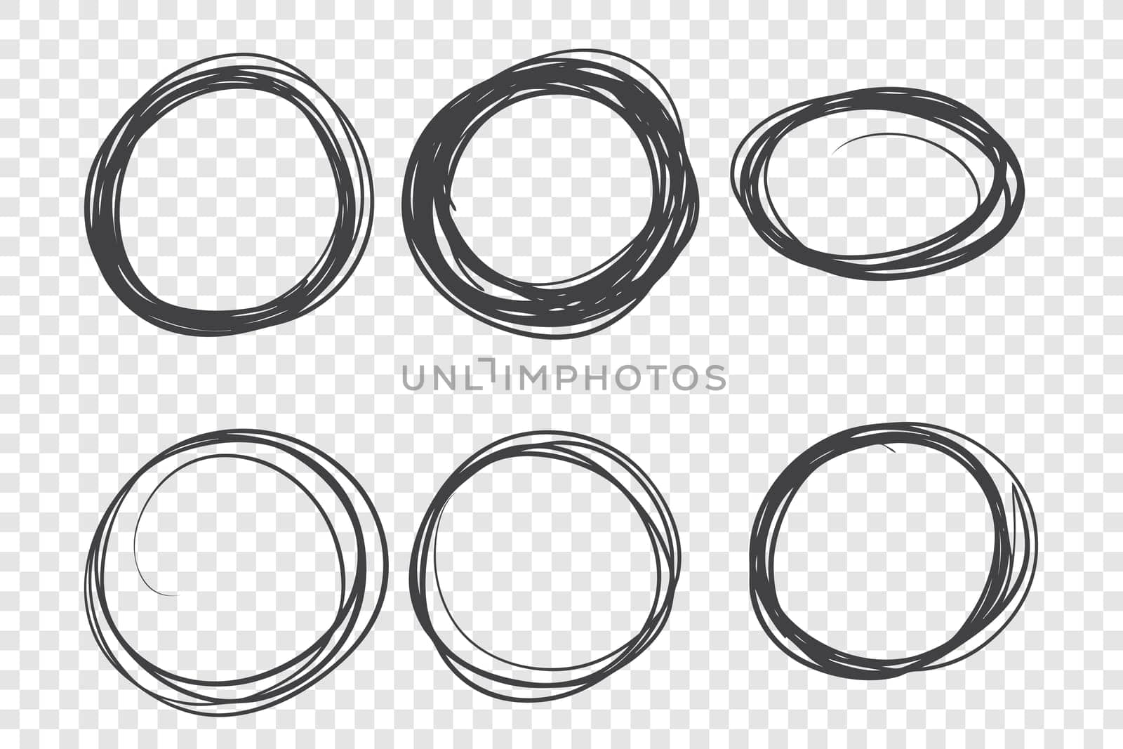 Round hand drawn frames set. Scrabble, circle shapes doodle drawings. Ink pen freehand line art isolated on transparent background. Monochrome scribble figures vector design elements