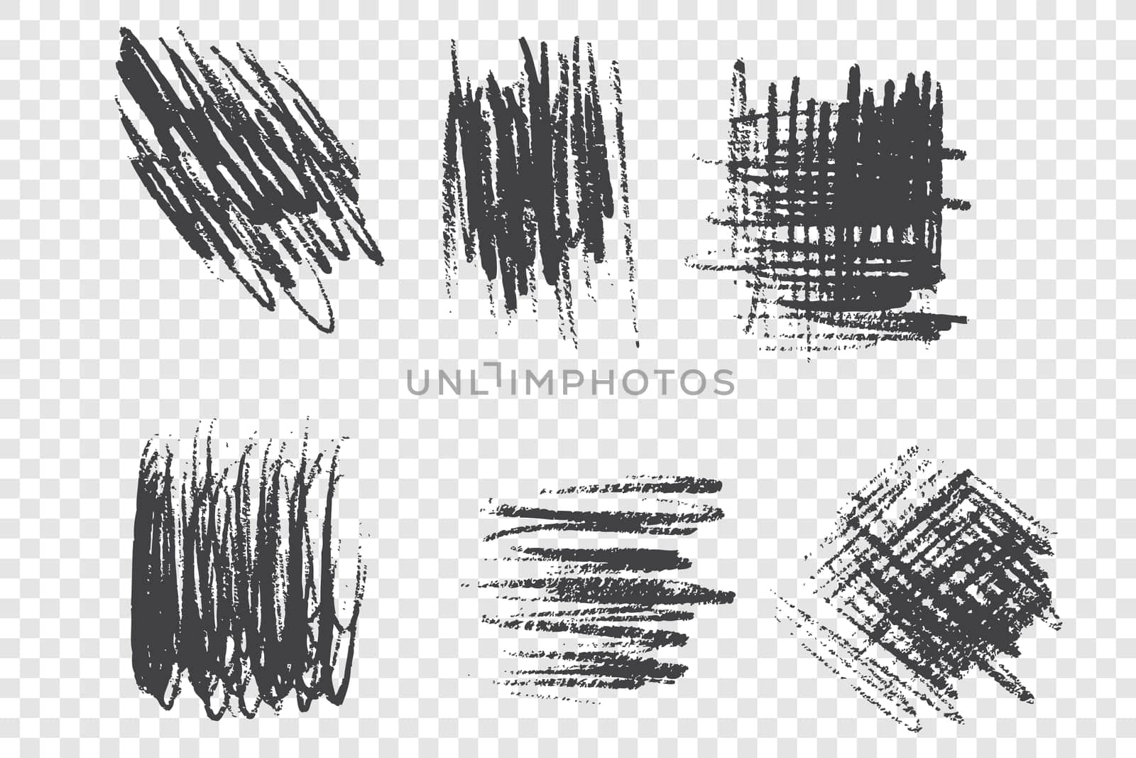 Brushstroke scribbles vector illustrations set. Messy smears pack. Grunge ink freehand drawings isolated on transparent background. Monochrome black paint strokes design elements collection