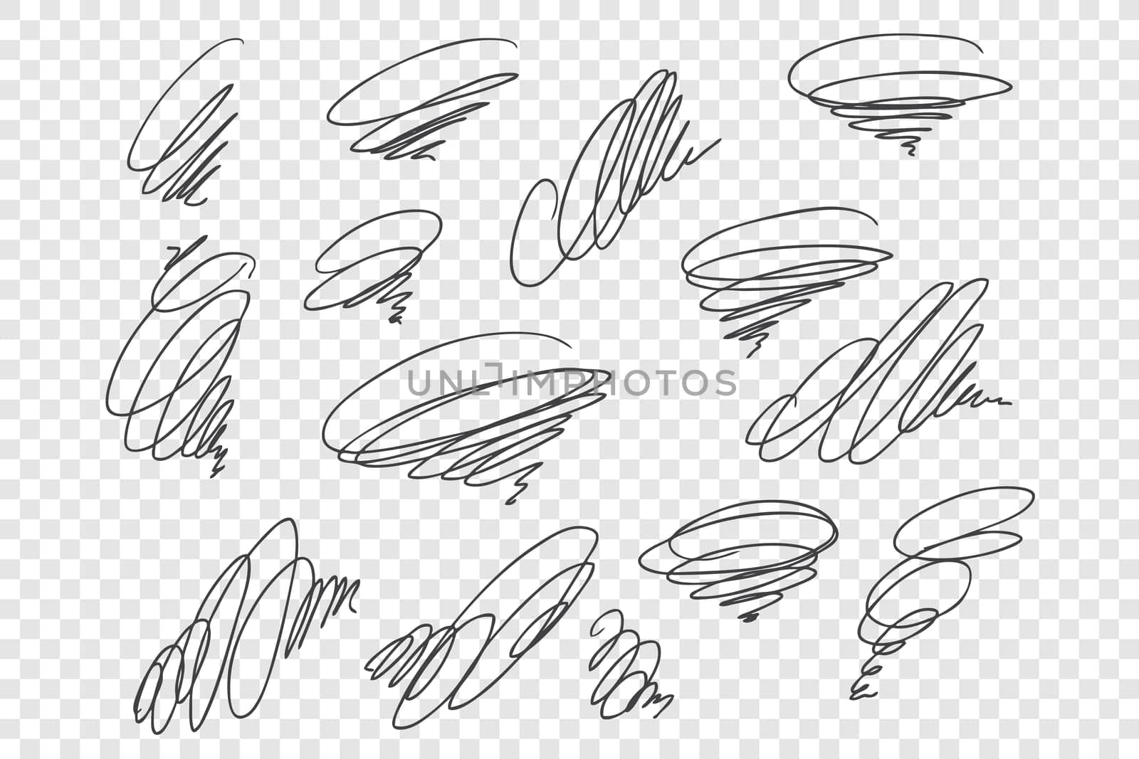 Curly black scrawls vector illustrations set. Chaotic ink pen strokes, swirling thin lines pack. Twirling monochrome scribbles isolated on transparent background. Sloppy whirl drawings collection