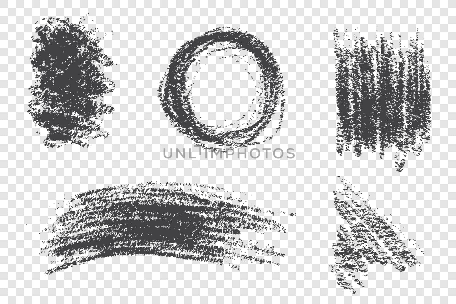 Grunge paint smears vector illustrations set. Dirty ink brushstrokes with dry paint effect. Various monochrome scrawls isolated on transparent background. Chaotic scribbles, drawings collection