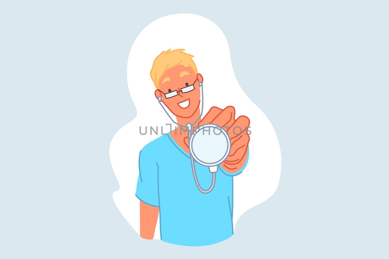 Doctor, pediatrician, therapist, medicine concept. Smiling young man with phonendoscope, physician holding medical device, outpatient hospital intern, medical student. Simple flat vector