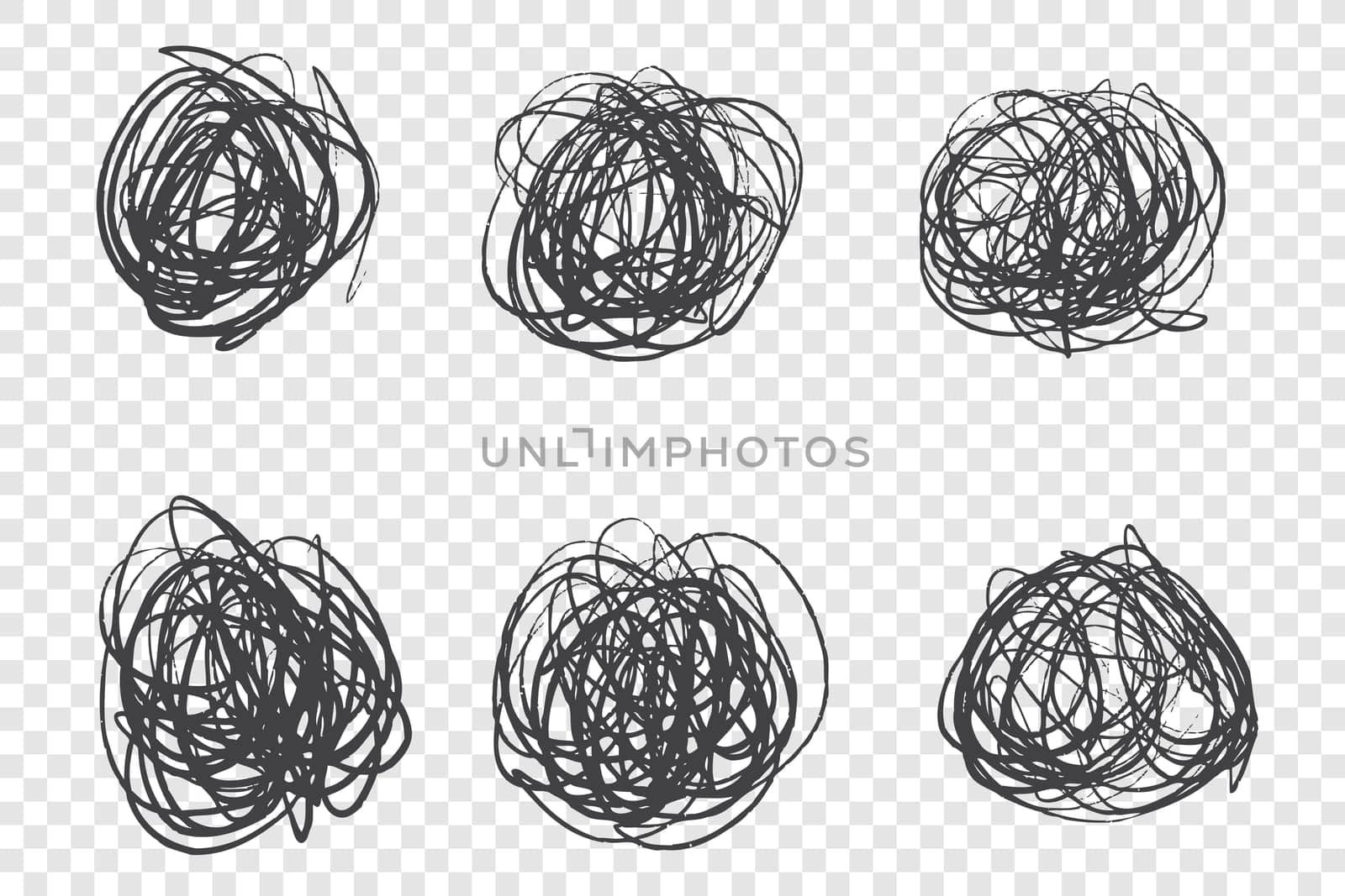 Black tangled knots vector illustrations set. Circle shaped ink brush strokes, grunge scribbles pack. Cluttered drawings isolated on transparent background. Chaotic round scrawls collection
