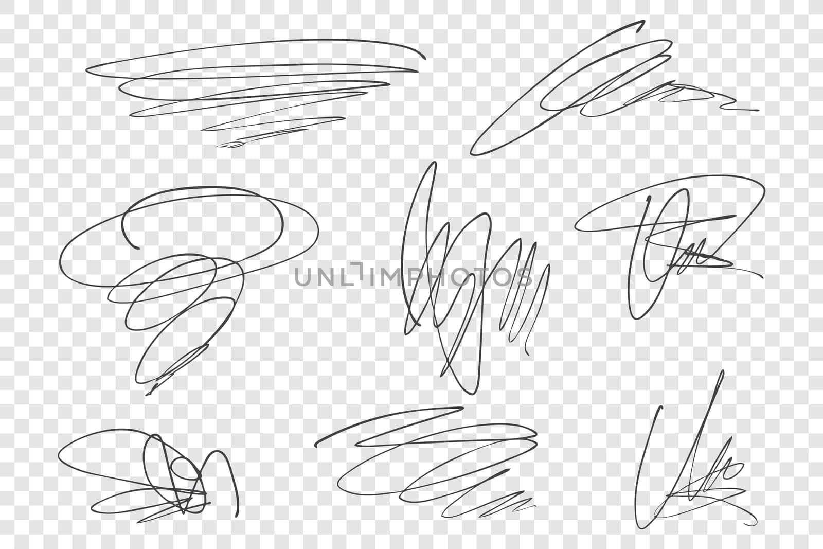 Pencil scrawls vector illustrations set. Chaotic strokes, random hand drawn scribbles pack. Ink freehand scratches isolated on transparent background. Charcoal swirling lines design elements