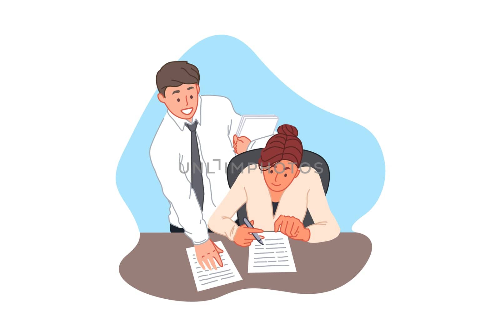 Contract signing, agreement, office paperwork, business and finance concept. Businessman bringing documents for signature, executive signing paper, business woman and office clerk. Simple flat vector