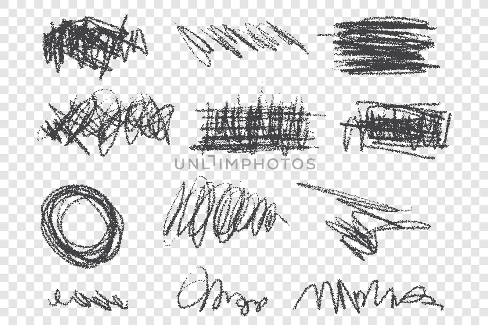 Grunge scribbles vector illustrations set. Dirty black strokes pack, messy freehand drawings. Scrawls with dry paint effect isolated on transparent backdrop. Chaotic charcoal sketches collection