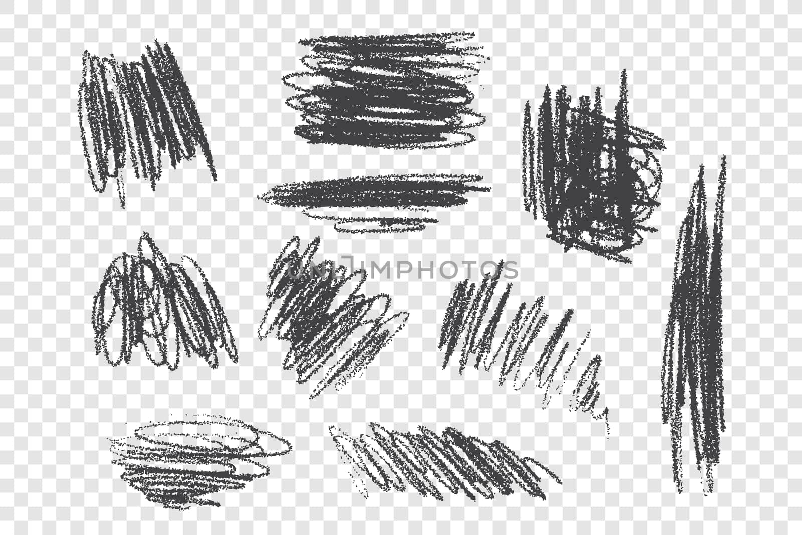 Chaotic charcoal scribble vector illustrations set. Messy ink brush strokes with dry paint effect. Random monocolor scrawls isolated on transparent background. Freehand coal drawings collection