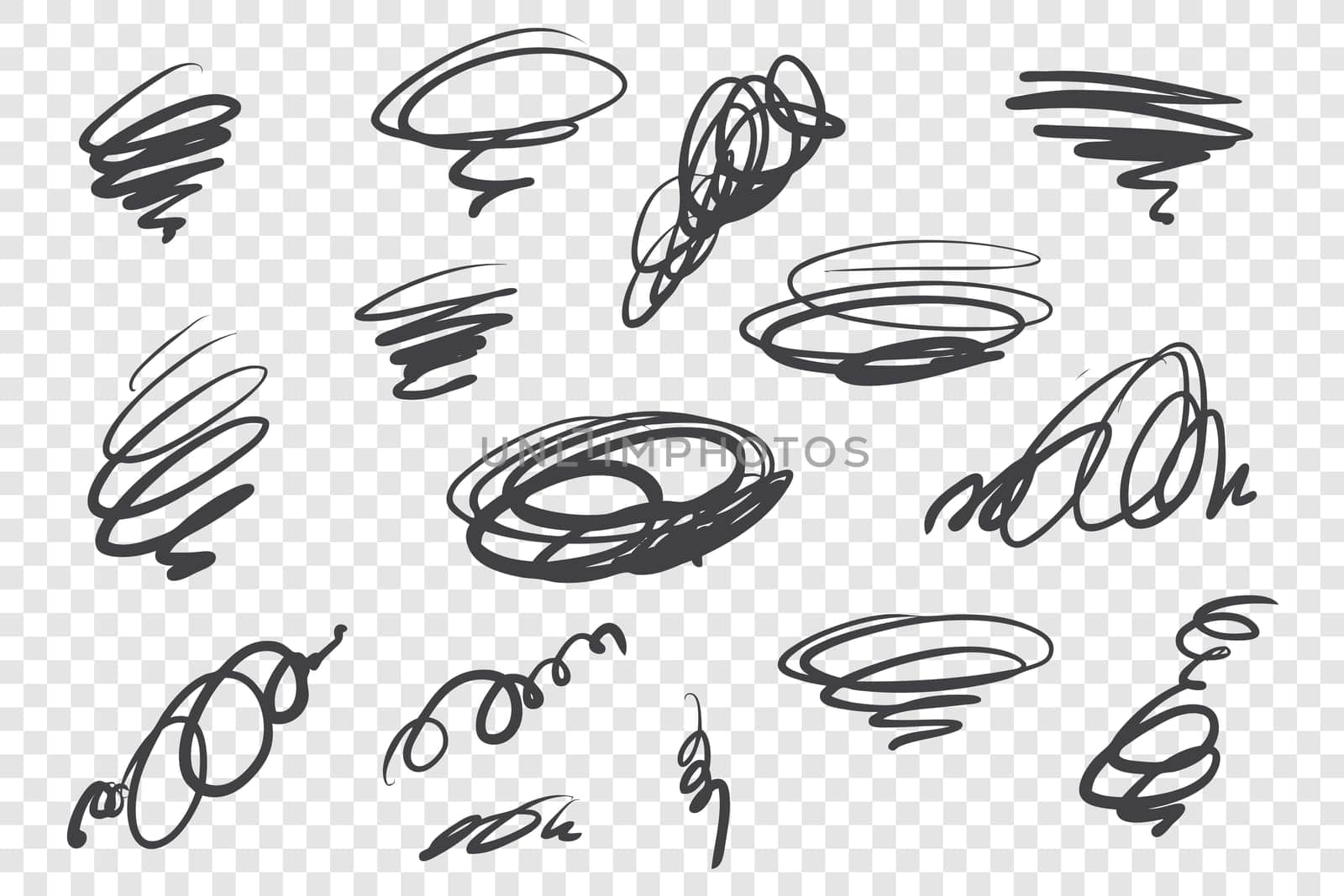 Black curly scribble vector illustrations set. Messy ink pen strokes, twirling scrawls pack. Swirling monochrome lines isolated on transparent background. Chaotic freehand drawings collection