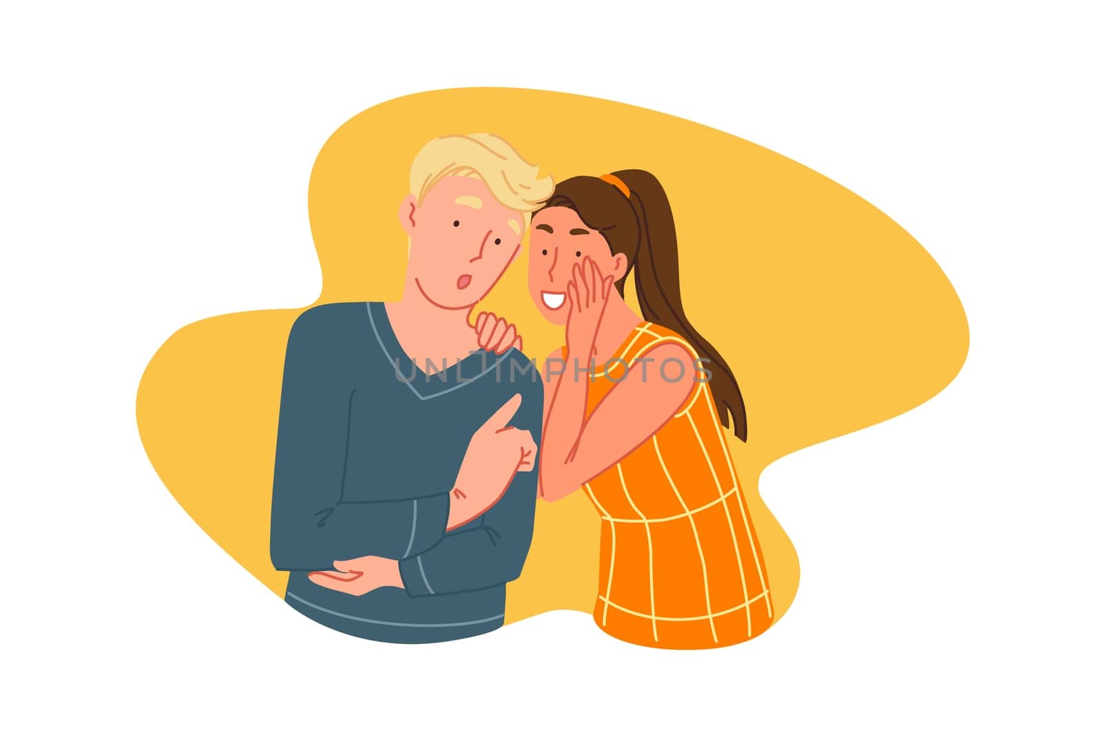 Rumors spread, gossiping concept. Friends sharing latest news, young people private conversation, woman whispering man secret, social communication, word of mouth marketing. Simple flat vector