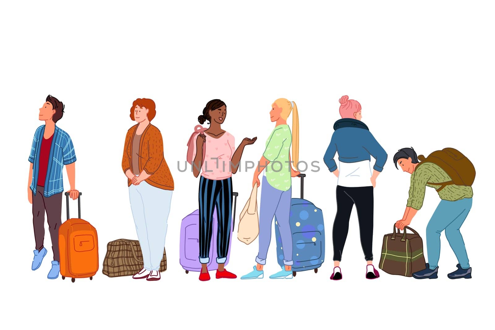 Queue at railway ticket office, waiting for departure, going on trip concept. People with suitcases standing in line, queuing up to cash register, baggage claim in airport. Simple flat vector