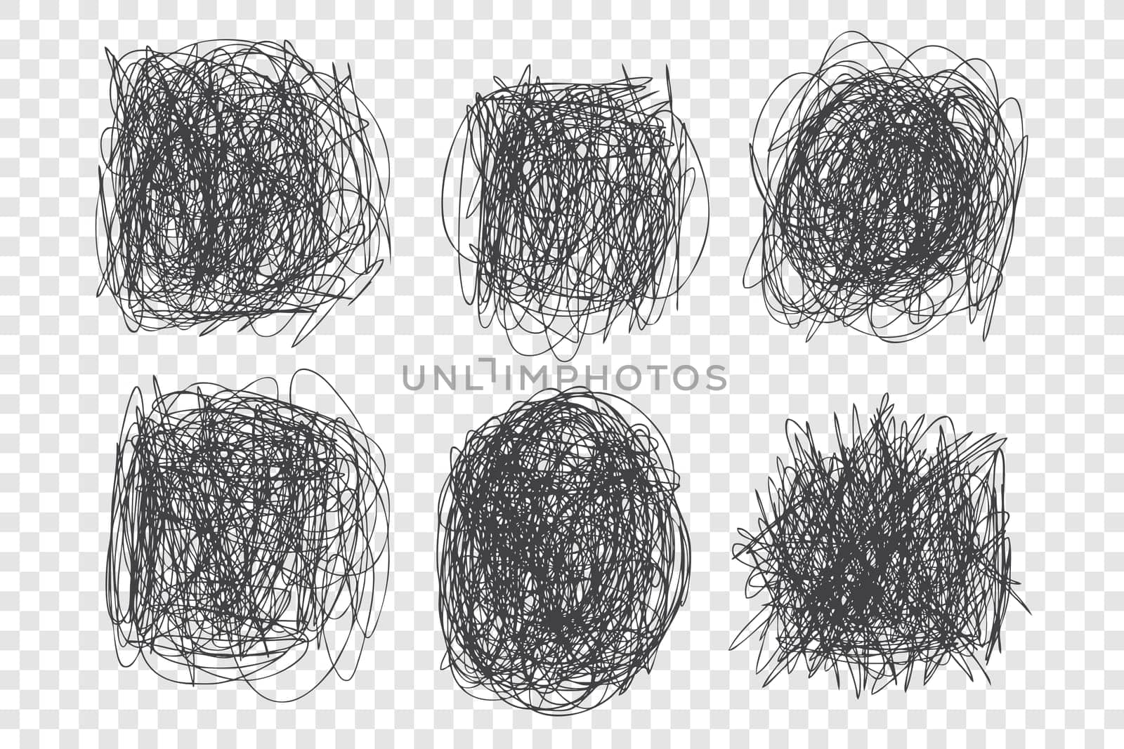 Tangled scribbles vector illustrations set. Round ink pen scrawls, grunge sketchy shapes pack. Monochrome cluttered knots isolated on transparent background. Chaotic black thin line drawings