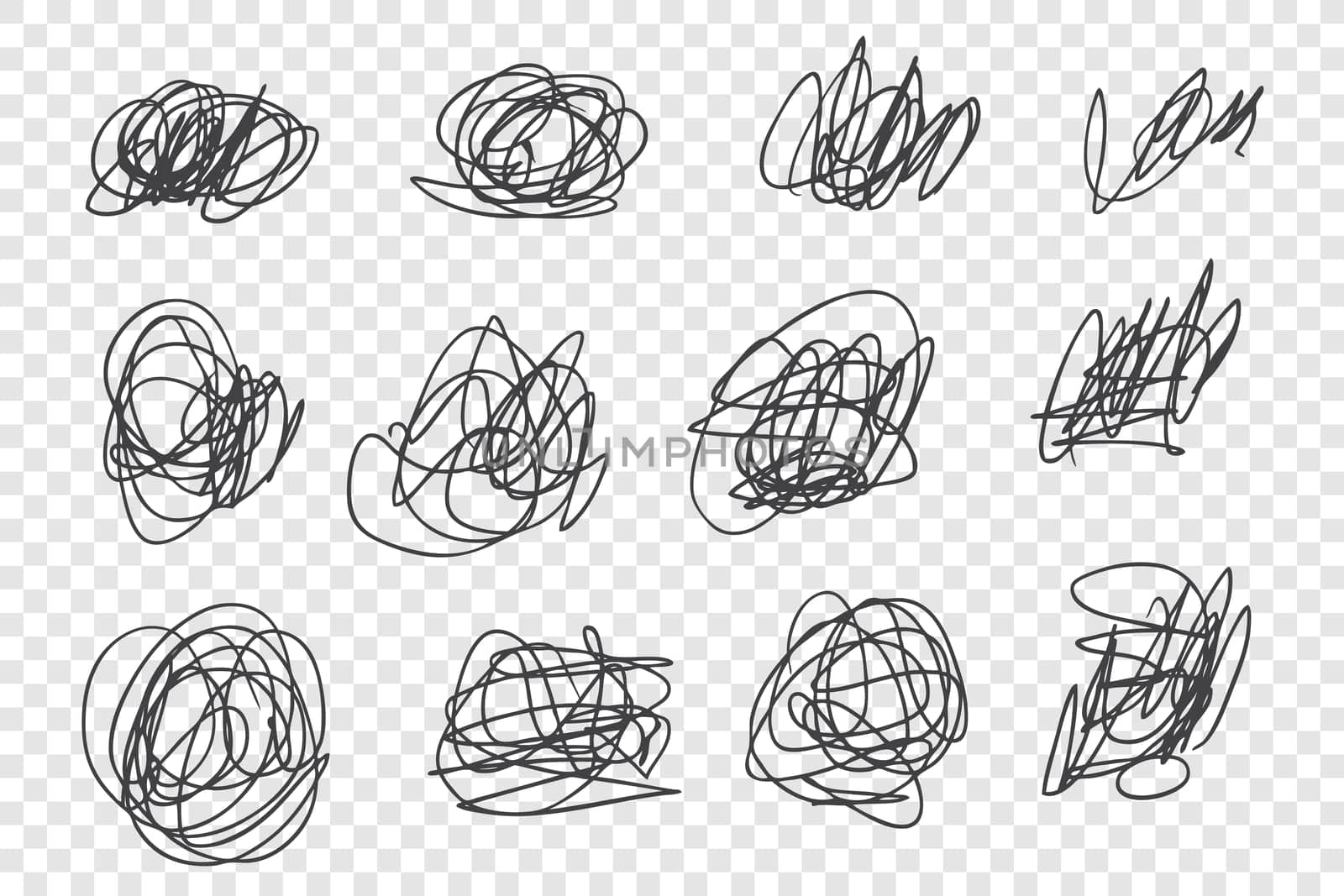 Chaotic tangled scrawls vector illustrations set. Sloppy ink pen strokes, random scribbles pack. Various black thin line knots isolated on transparent background. Childish doodle drawings collection