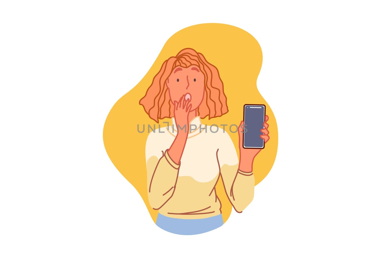 Smartphone trouble, technical problem concept. Terrified woman holding mobile phone, surprised young girl, watching scary video, teenager gesturing in panic, malfunction. Simple flat vector