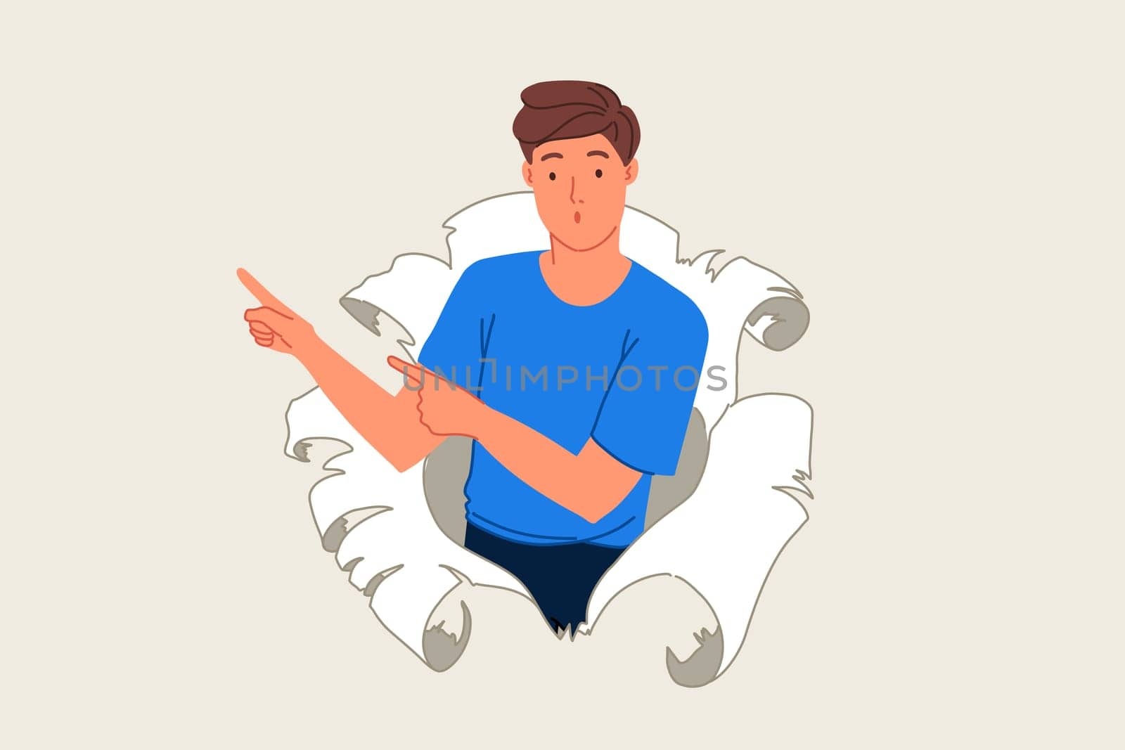 Curiosity and breakthrough concept. Caucasian man standing in torn paper hole, spying young boy man, surprised guy pointing right with two hands, attention attraction. Simple flat vector