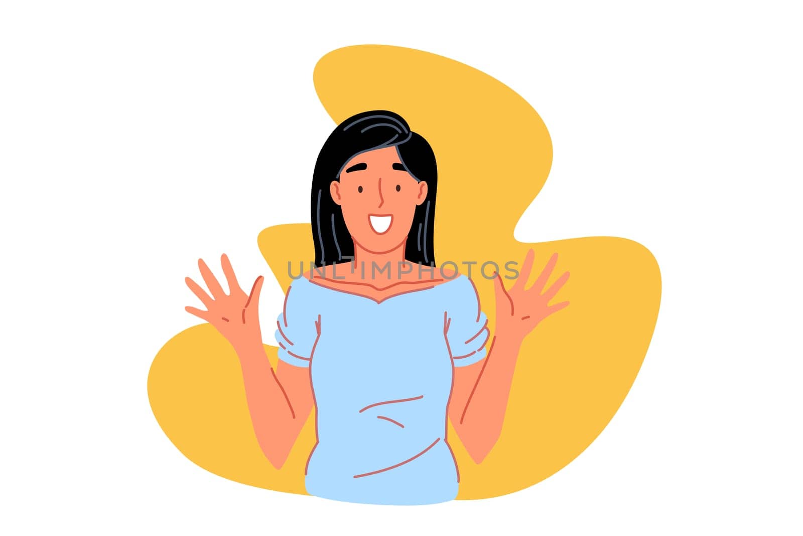 Happiness, triumph and victory concept. Beautiful smiling woman, cheerful caucasian girl with raised hands, amazed young lady celebrating victory, positive emotion expression. Simple flat vector
