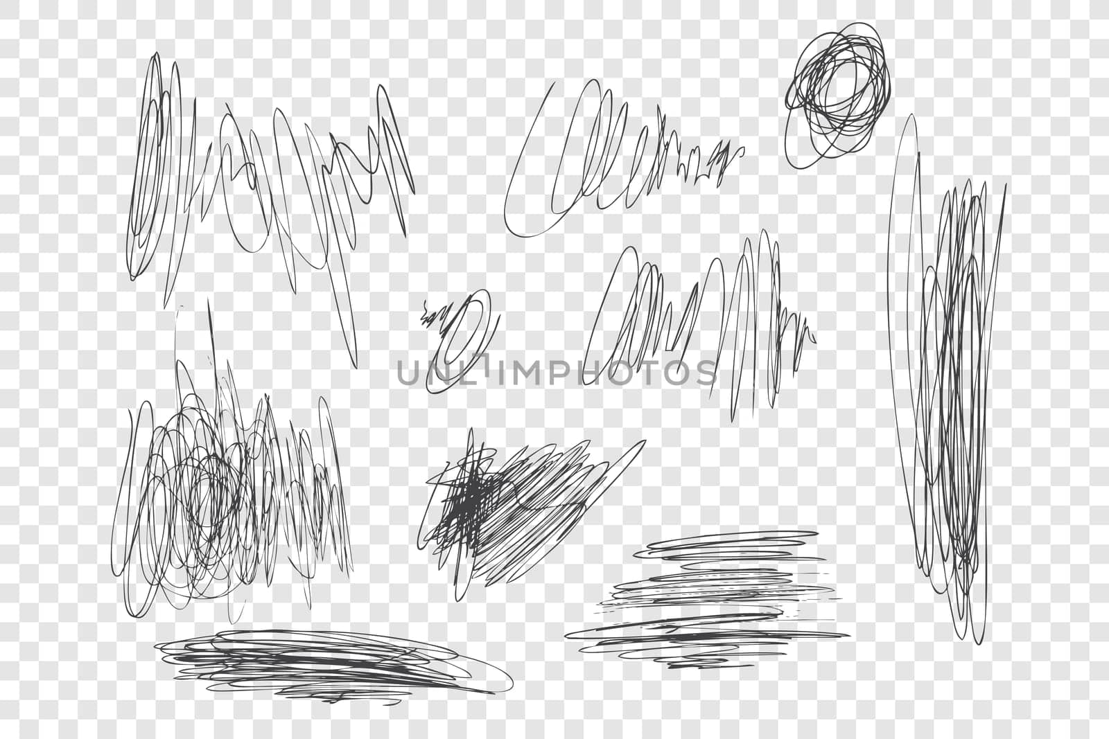 Ink pen scrawls vector illustrations set. Chaotic black scribbles, messy thin line drawings pack. Monochrome freehand sketches isolated on transparent backdrop. Sloppy pencil strokes collection