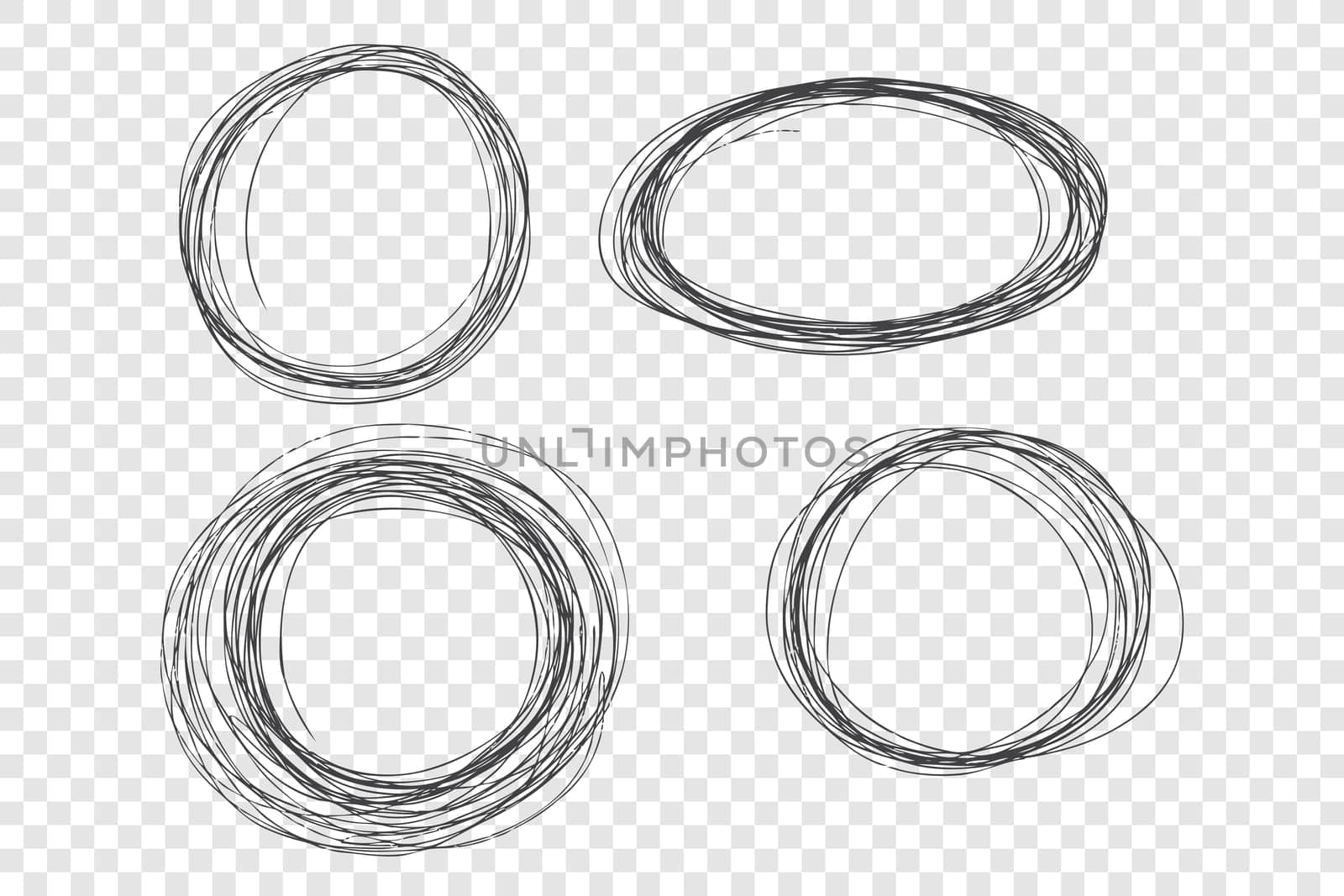Black hand drawn scribble frames set. Empty thin ink pen circles, decorative borders pack. Round shapes with copyspace isolated on transparent background. Childish freehand sketches collection