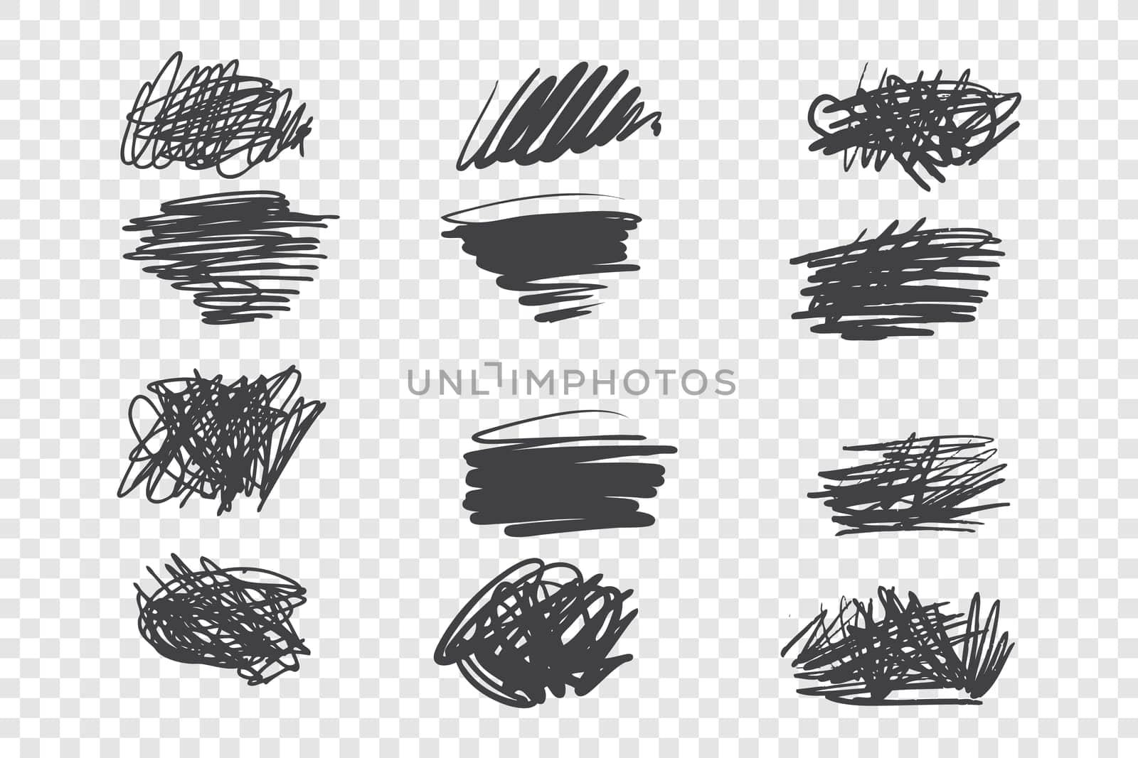 Chaotic black scribble vector illustrations set. Random ink pen strokes, monocolor scrawls pack. Messy monochrome lines isolated on transparent background. Freehand childish drawings collection