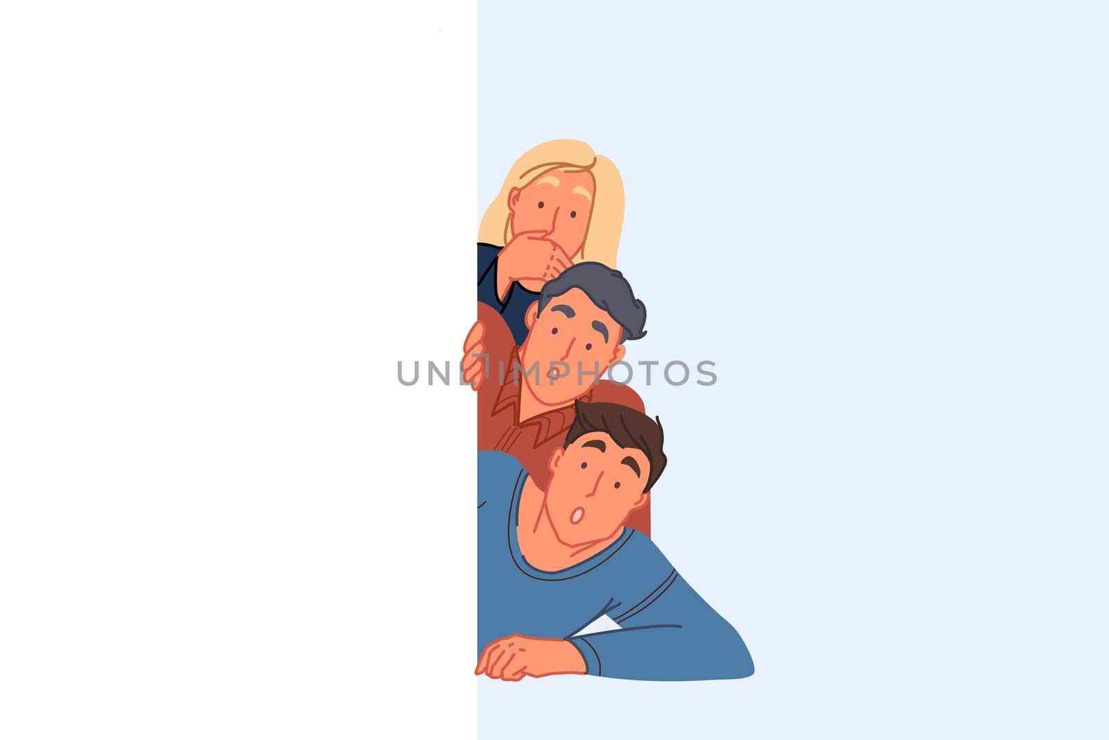 Surprising discovery, peeking concept. Amazed friends spying and hiding behind wall, young woman and men looking shocked, astonishment facial expression, human curiosity. Simple flat vector