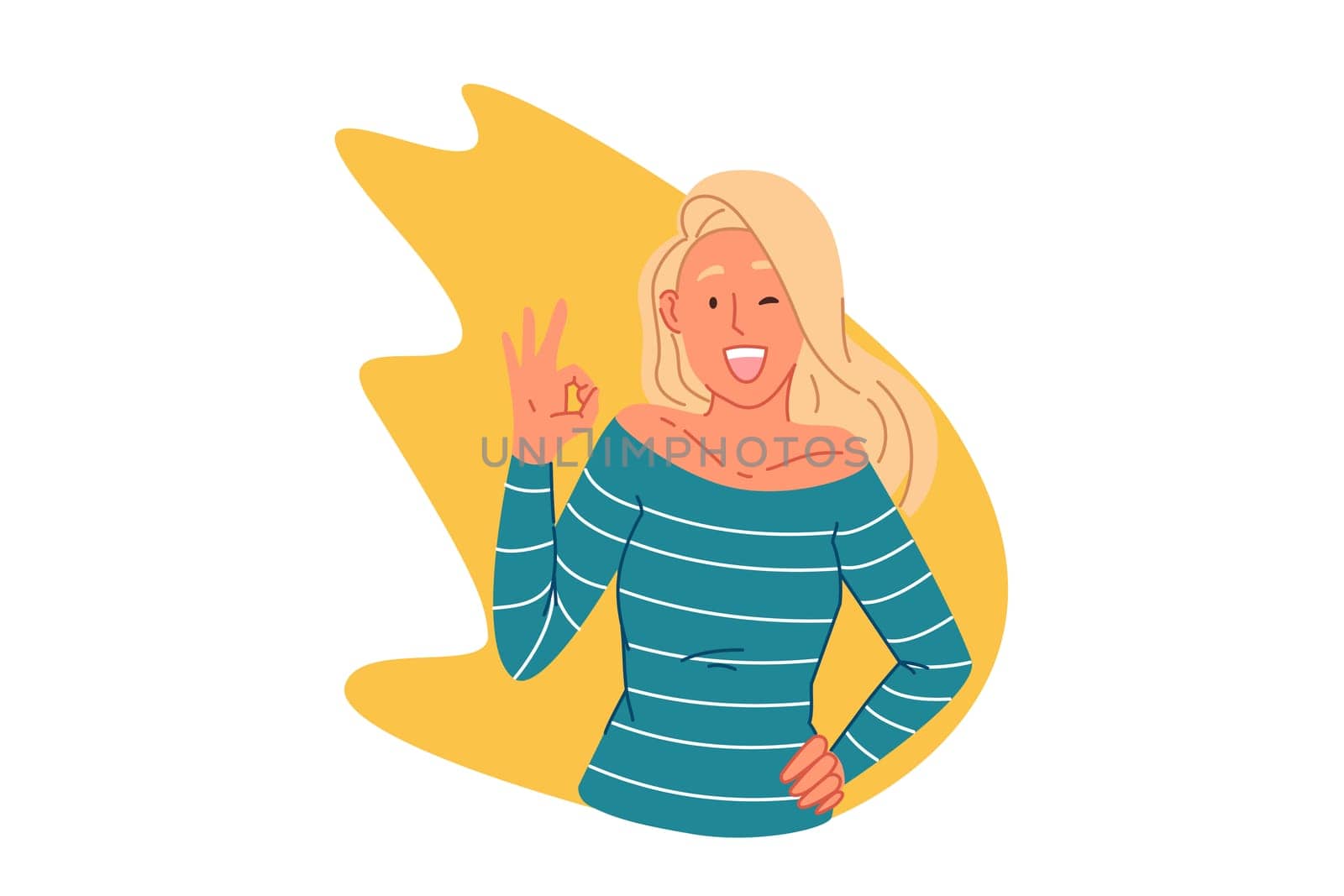 Agreement, nonverbal communication concept. Happy young woman showing ok gesture, trendy approval sign, cheerful caucasian girl saying okay, positive emotion expression. Simple flat vector