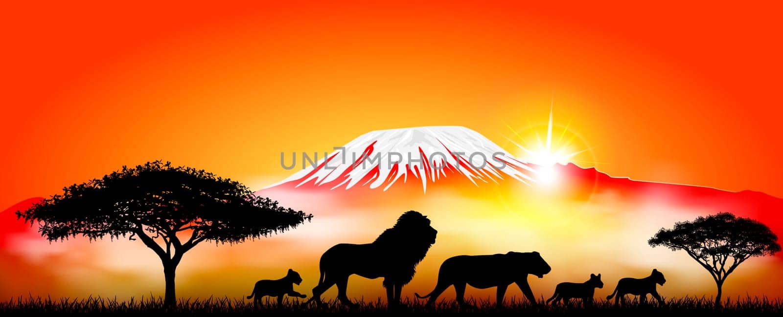 Lions family. Lion, lioness and lion cubs against the backdrop of Mount Kilimanjaro. Silhouettes of African lions.