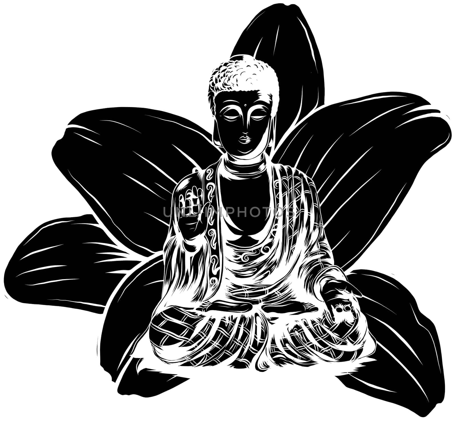 Vector Buddhism icon meditating Buddha. Golden Buddha sitting on a lotus background. Illustration in flat style.