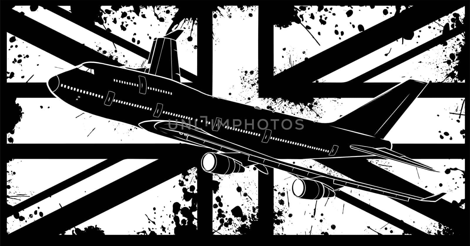 Illustration of a passenger plane flying over the flag of great Britain.