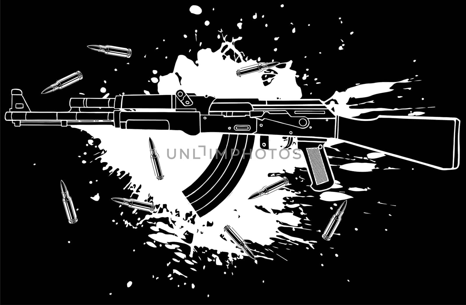 illustration of Ak-47, bullets and blood