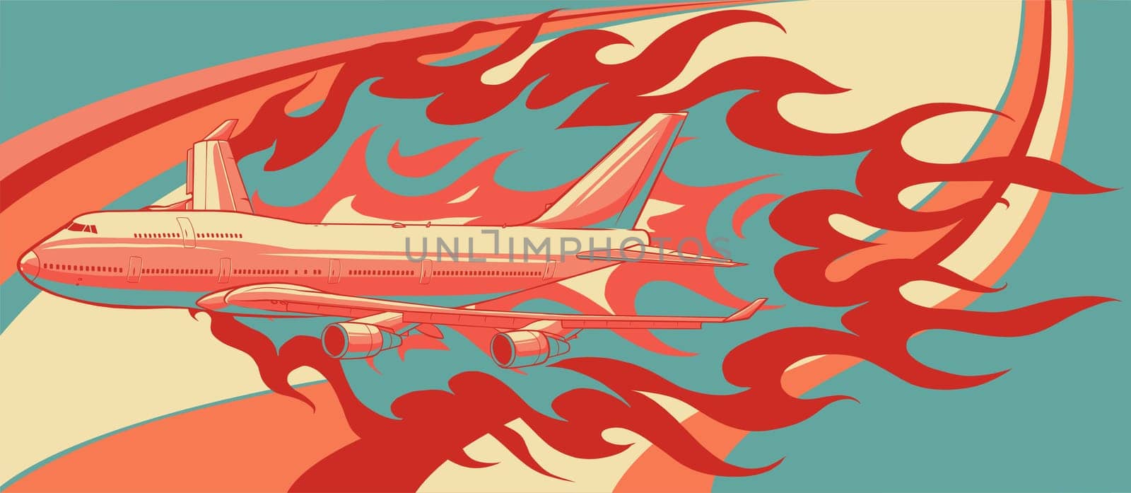 illustration of civil aircraft with flames