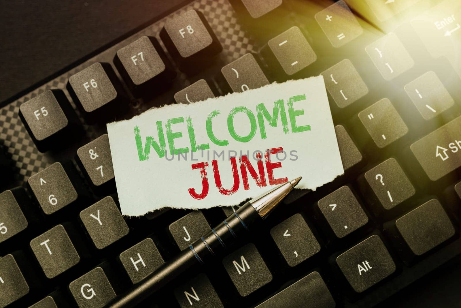 Sign displaying Welcome June, Business overview Calendar Sixth Month Second Quarter Thirty days Greetings Creating Online Journals, Typing New Articles, Making New Headlines
